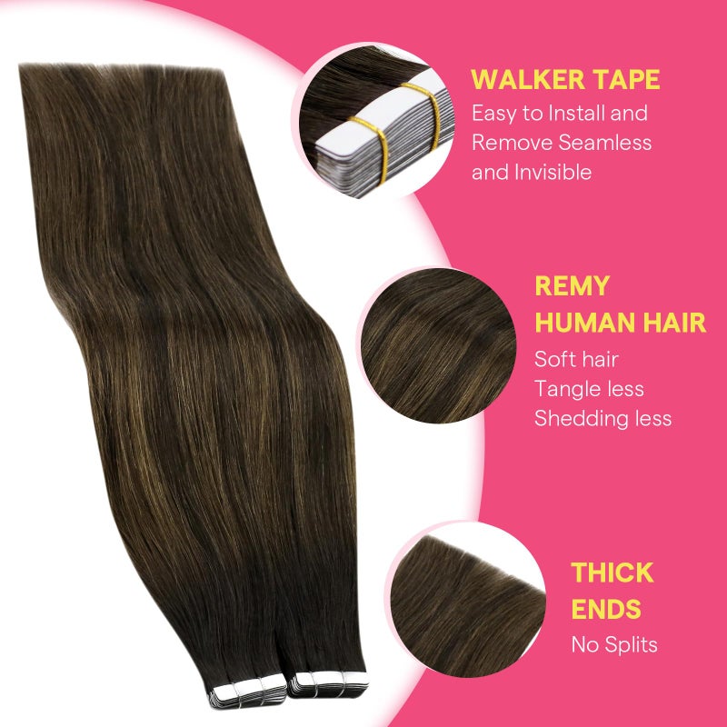 Ve Sunny Tape in Hair Extensions Real Human Hair Invisible Remy Human Hair Straight Tape Ins Double Sided Darkest Brown Ombre Medium Brown Balayage 20 inch 10Pcs 25G - Image 2